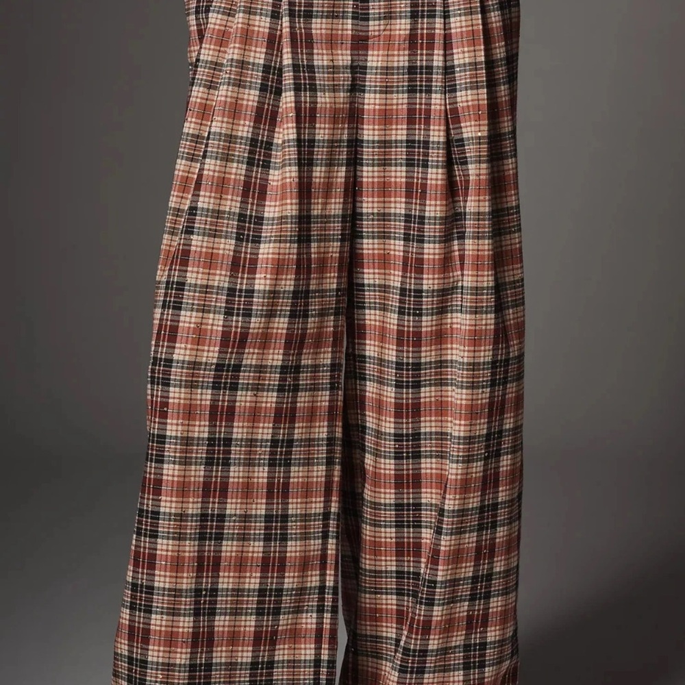 Anthropologie Plaid Wide Leg Pants - Red and Black with tiny gold sequins